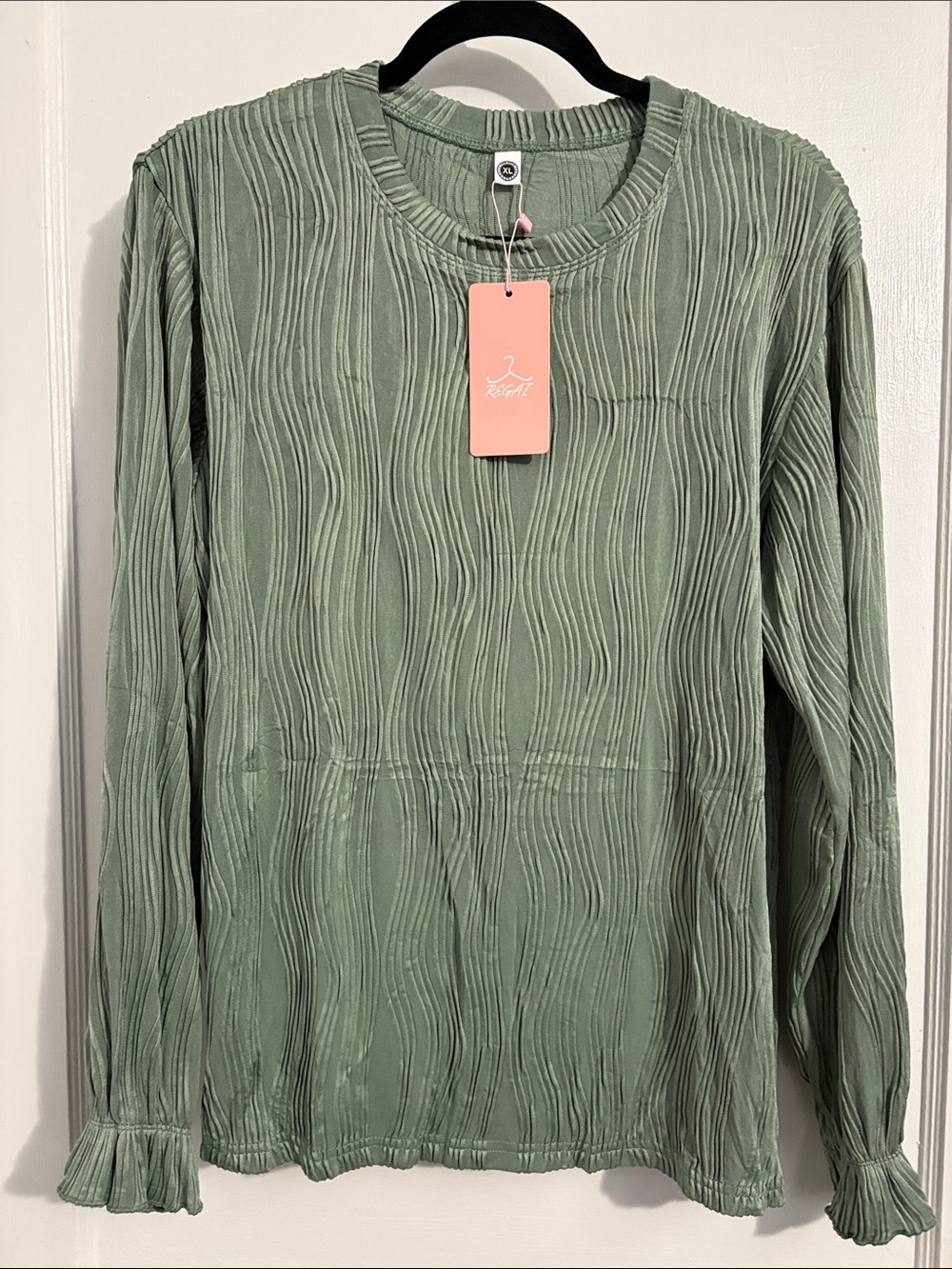 Regai Textured Sage Green Long Sleeve Top